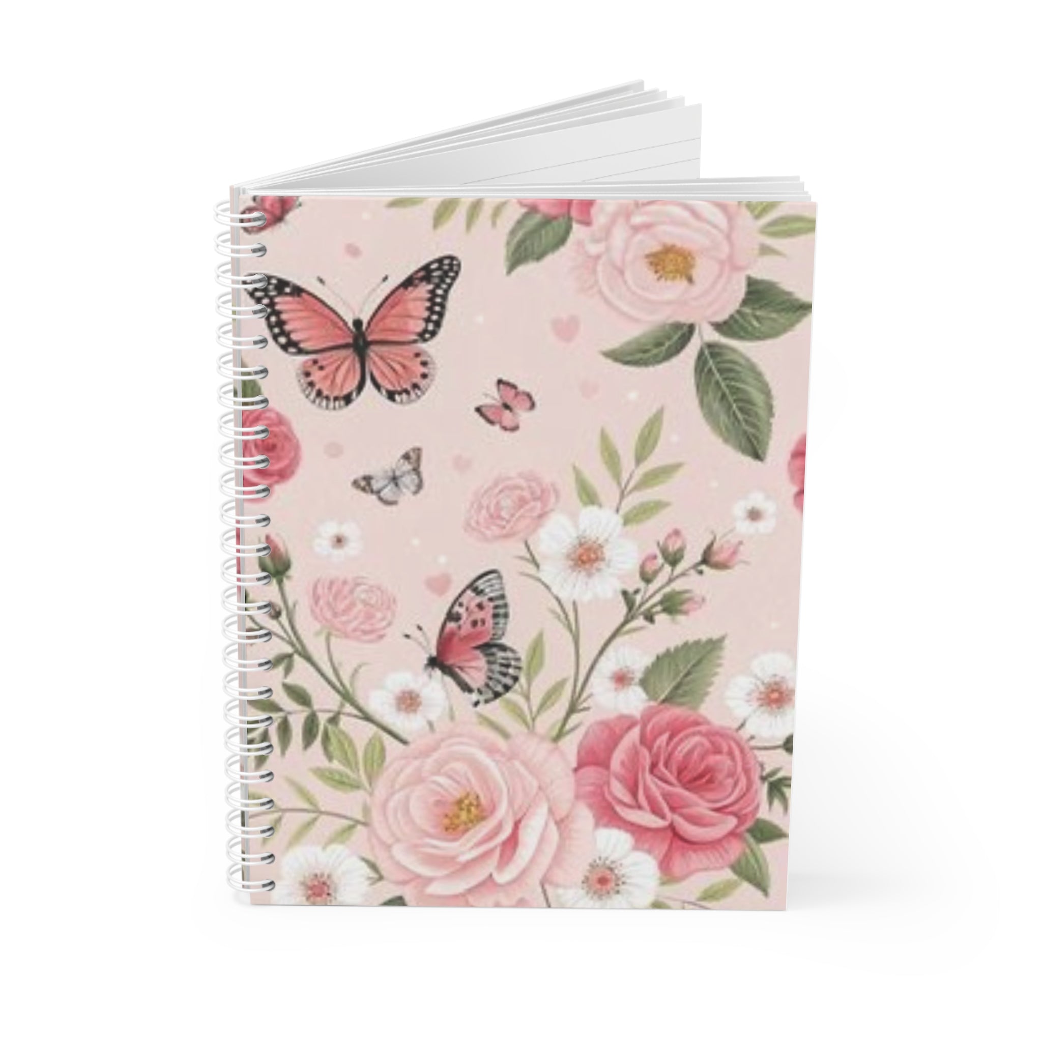 Floral Butterfly Spiral Notebook — Pink Rose Garden Journaling Notebook